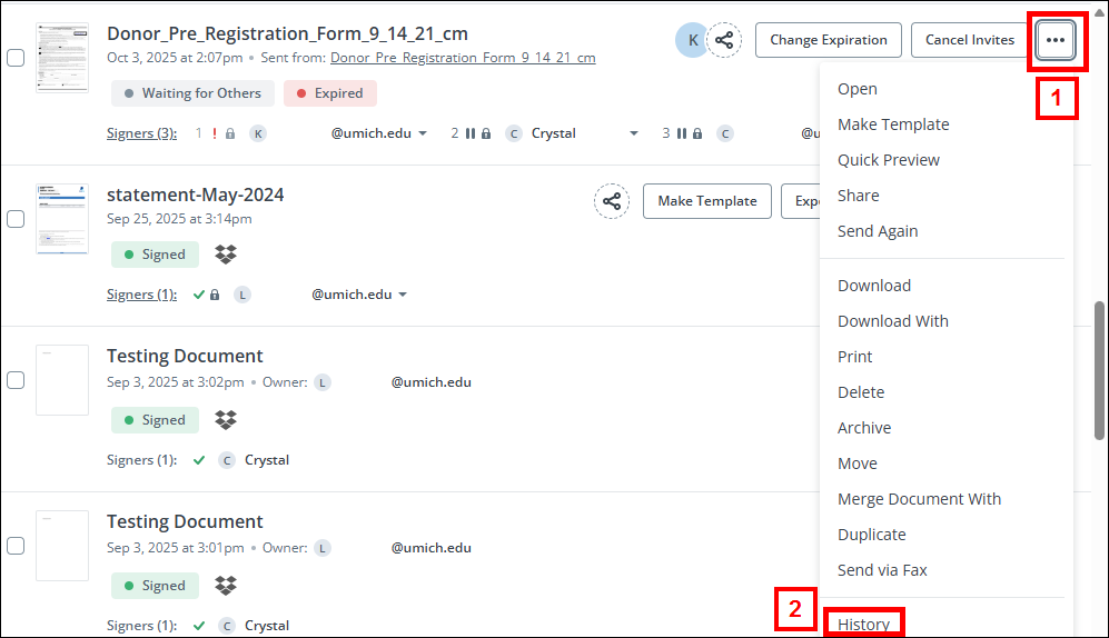 Locate document and select history